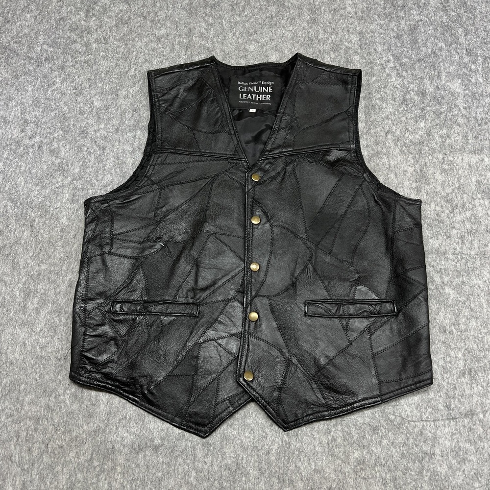 Italian Stone Design Leather Vest Mens XL Black Snap Front Patchwork Moto Biker